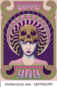 Young Woman And Skull 1960s Psychedelic Poster, Musical Album Cover Stylization