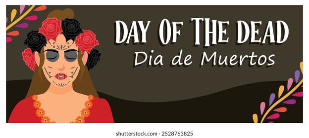 Una mujer joven con un cráneo pintado en su cara. Fiesta del Día de Muertos en México. Concepto del Día de los Muertos.  Ilustración vectorial plana.