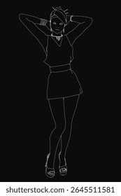 Uma jovem mulher em um elegante vestido preto se posiciona contra um fundo escuro, com suas mãos descansando graciosamente em sua cabeça. A paleta monocromática melhora o contorno elegante de sua silhueta