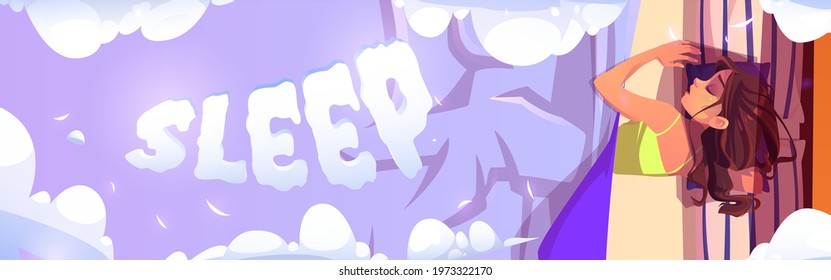 Young woman sleep cartoon banner, girl lying on pillows in bed at night top view, dormant female character nap at home or hotel, relaxing and sleeping with fluffy clouds around, vector illustration