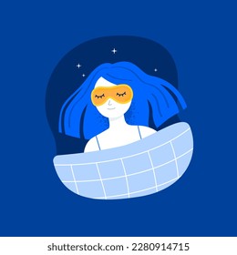 A young woman sleep in the face mask. Sleeping in dark. Relaxation, healthy sleep concept. Vector flat illustration on the background.