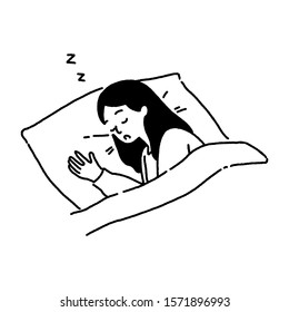 Young woman sleep at night in bed, good sleep concept, hand-drawn style vector illustration.