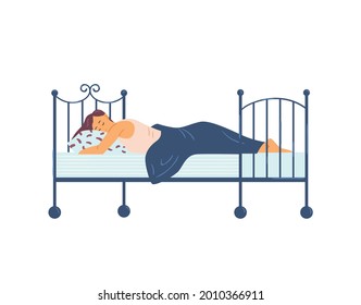 Young woman sleep on her bed at bedroom. Female character lying on pillow under blanket in comfortable sleeping position. Flat cartoon vector illustration isolated on white.