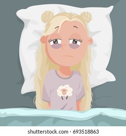Young woman with sleep problem. woman try to sleep on pillow in bed under the blanket. Exhausting insomnia, no dreams. Vector illustration art.