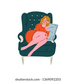 Young Woman Sleeping in Armchair on Pillow, Girl Spending Weekend at Home and Relaxing Vector Illustration