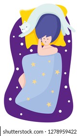 A young woman is sleeping in a bed with a cat next to her. Colorful vector illustration in flat cartoon style.