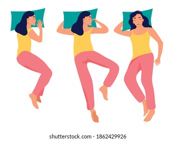 Young woman is sleeping in bed in different poses top view.Girl in pijama.Healthcare and melatonin.Set of tired female character lying in various postures during night slumber.Apathy and laziness