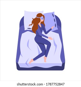 Young woman sleeping in bed at home. Cute girl in sleeping mask resting and lying in bed on blanket. Sweet dreams concept. Vector illustration isolated on white