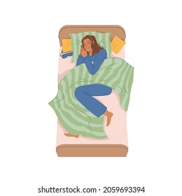 Young woman sleeping in bed at home, relaxation at night or day rest. Vector lady in pajama resting at bedtime, flat cartoon character sleeps on pillow under blanket, alone in bedroom, fall asleep