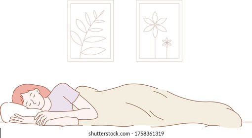 Joven durmiendo en la cama y relajándose por la mañana. chica con los ojos cerrados, disfruta de un buen descanso. ilustración de vector pastel aislado sobre fondo blanco. 