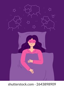 A young woman is sleeping in a bed with a sleep mask and dreams. Vector illustration in a cartoon flat style.