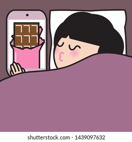 Young Woman Sleeping In Bed With Tablet And Yummy chocolate Bar On Screen. Concept Of Sugar And Technology Addiction Card Character illustration.