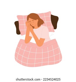 Young woman sleeping in bed under blanket. Asleep girl in a cozy bed. Healthy sleep, relaxation concept. Vector illustration in cartoon style. Isolated background