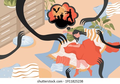 Young woman sleeping in bedroom vector flat illustration. Girl lying in bed and having a nightmare with creepy black hands, zombie walking on night cemetery. Bad dream concept.