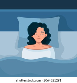 A young woman is sleeping in her bed. Healthy sleep. Vector illustration in a flat style