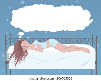 Young woman sleeping in her bed, copy space in a shape of a cloud above her head