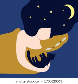 young woman sleeping with her pet black pet cat, vector illustration, flat
