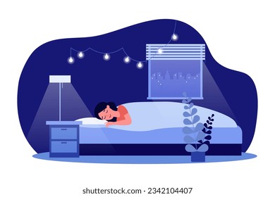 Young woman sleeping with lights on vector illustration. Soft lighting from table lamp and string lights for peaceful atmosphere and healthy sleep. Interior design, sleep environment concept