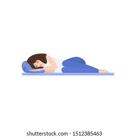 Young woman sleeping, lying on mattress, hugging pillow, comfortable. Female cartoon character rest after work. Vector illustration for website, banner, advertisement