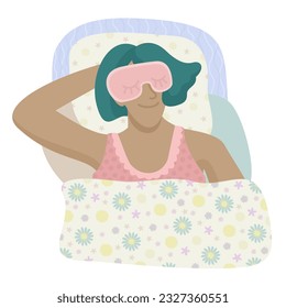 Young woman in sleeping mask lying in bed and sleeping with smile