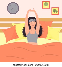 Young woman in sleeping mask is waking up and yawning. Girl is sittting in the bed with pillows. Daily morning routine.