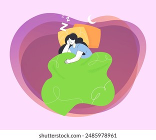 Young woman sleeping at night. Astral travel of girl lying on pillow under blanket and experience of REM stage of sleep flat vector illustration. Wakefulness, dream control concept