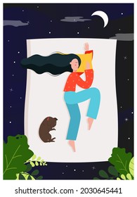 Young woman sleeping at night with cute pet dog at her feet on the bed, flat vector illustration. Sweet dream.