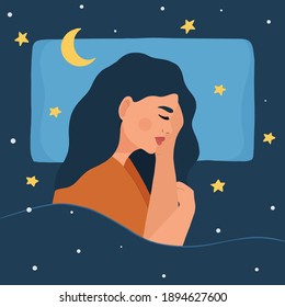 Young woman sleeping. Night sky with stars and moon. Concept of sweet dreams, rest and relaxation. Vector illustration.
