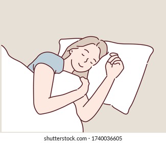 Young woman sleeping on the bed Portrait of beautiful woman lying on comfortable bed holding pillow with white bedding in bright bedroom. Hand drawn style vector design illustrations.