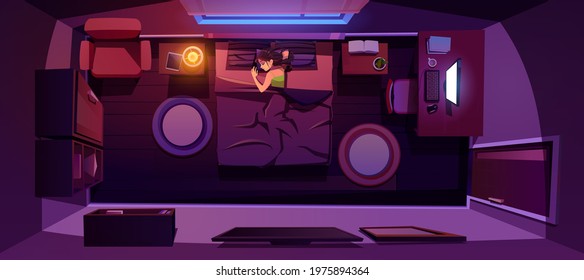 Young Woman Sleeping On Bed At Night Room Top View, Dormant Female Character Lying Under Blanket Nap Front Of Tv Set At Home Or Hotel, Relaxing Or Sleep In Cozy Apartment, Cartoon Vector Illustration