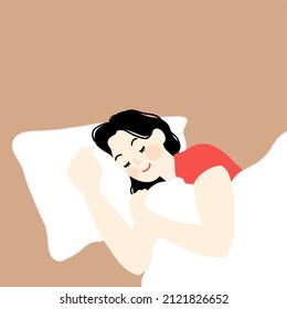 A young woman sleeping on a bed Portrait of a beautiful woman lying on a comfortable bed holding a pillow with white linens in a bright bedroom. Hand-drawn illustrations of vector design.