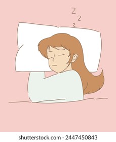 Young woman sleeping on the bed, having good dream. Girl lying under soft blanket. Stars and dot behind. Hand drawn flat cartoon character vector illustration.