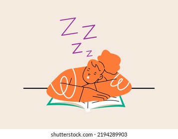 Young woman sleeping on book. Colorful vector illustration
