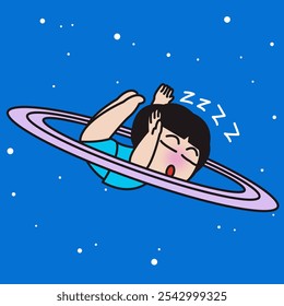 Young woman is sleeping on galaxy concept cartoon character illustration