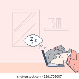 Young woman sleeping on laptop, hand drawn style vector design illustration