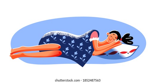 Young woman sleeping on pillow at home. Happy girl lying under blanket in pajamas asleep at night. Bedtime at house vector illustration. Resting and smiling in sleep.