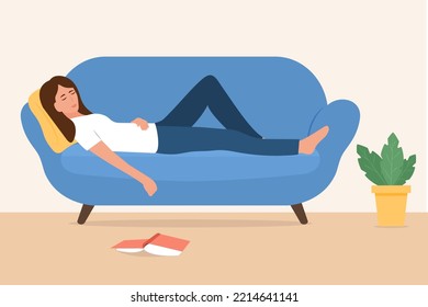 Young woman sleeping on sofa with fallen book.Weekend Recreation Concept.Vector illustration