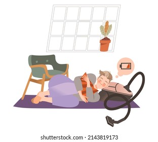 Young woman sleeping on vacuum cleaner. Woman tired of housework cartoon vector illustration