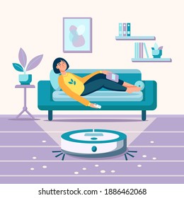 Young woman sleeping, relaxing on sofa and robot vacuum cleaner in the room. Modern wireless equipment for cleaning the apartment. Housework and technology concept. Design for banner, landing page