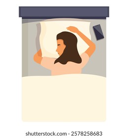 Young woman sleeping soundly in bed with her smartphone resting on the nightstand