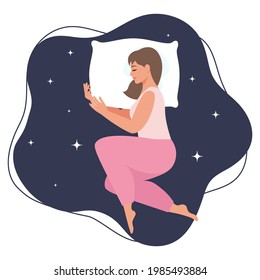 Young woman sleeping. Sweet dreams concept, health sleep. Design template with sleeping pose for advert, banner, flyer, layout. Vector isolated illustration in flat style