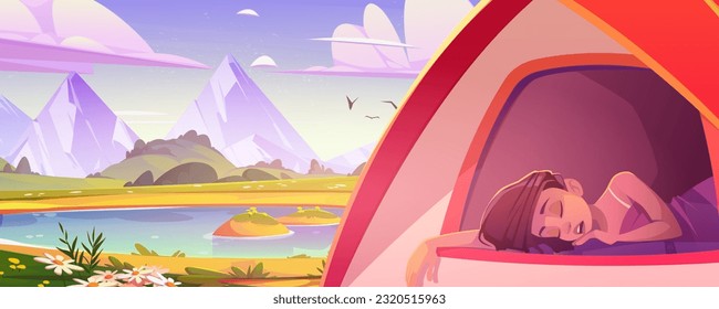 Young woman sleeping in tent near mountain lake. Vector cartoon illustration of female having rest in summer tourist camp, beautiful valley landscape, flowers on green hills, birds flying in sky