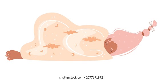 Mujer joven durmiendo bajo una blanda y acogedora manta. Pierna y cabeza hembra saliendo de debajo de la manta estrellada de la luna. Dibujo vectorial de moda dibujado a mano ilustración plana aislada en fondo blanco