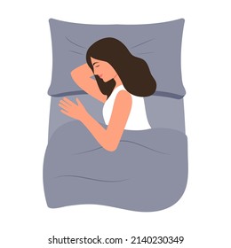 Young woman sleeping.Top view. Girl in pajama in cozy bed. Sleeping pose.Night rest, relax concept. Vector illustration in flat style