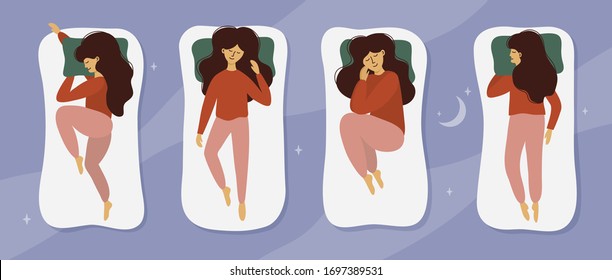 Young Woman Sleeps In Bed. Cute Girl In Pajama Sleeping In Different Poses. Night Sky With Crescent Moon And Stars. Sweet Dream, Good Health, Time For Yourself. Stay Home And Relax Vector Illustration