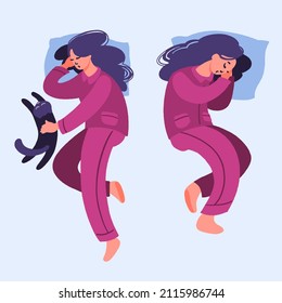 Young woman sleeps in bed. Girl in pajama sleeping on pillow in different poses. Top view. Sweet dream, self care and time for yourself concept. Vector decorative illustration in trendy flat style.