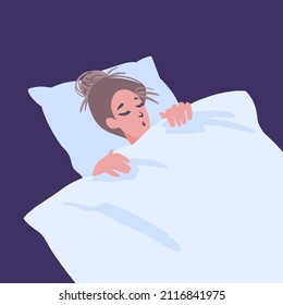 Young woman sleeps in bed. Girl in pajama sleeping on pillow under blanket. Top view. Sweet dream, self care and time for yourself concept. Vector decorative illustration in trendy flat style.