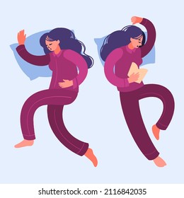 Young woman sleeps in bed. Girl in pajama sleeping on pillow in different poses. Top view. Sweet dream, self care and time for yourself concept. Vector decorative illustration in trendy flat style.