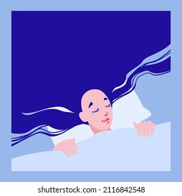 Young woman sleeps in bed. Girl in pajama sleeping on pillow under blanket. Top view. Sweet dream, self care and time for yourself concept. Vector decorative illustration in trendy flat style.
