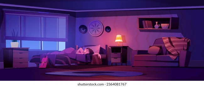 Young woman sleeps in bed on pillow under blanket at night. Healthy sleep and rest of girl in night interior of cozy female bedroom. Cartoon dark room with large window, sofa and lamp on nightstand.